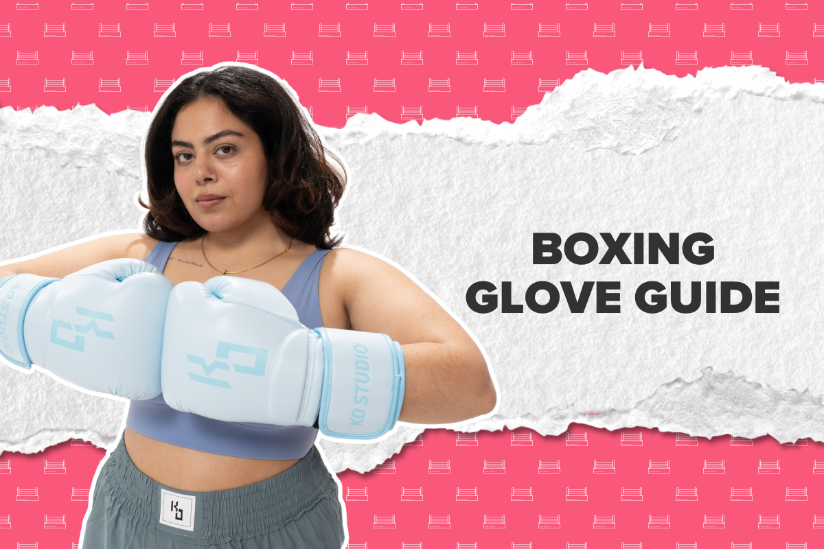 KO Studio women's boxing glove size guide graphic mapping hand measurements to glove sizes in oz